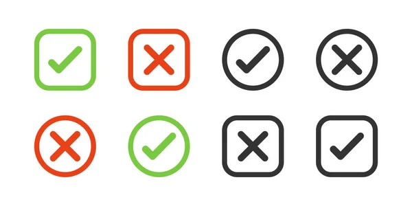 Check mark with cross mark. Vector icons in square and circle. Yes or No symbols. Check mark and cross icons. Vector illustration