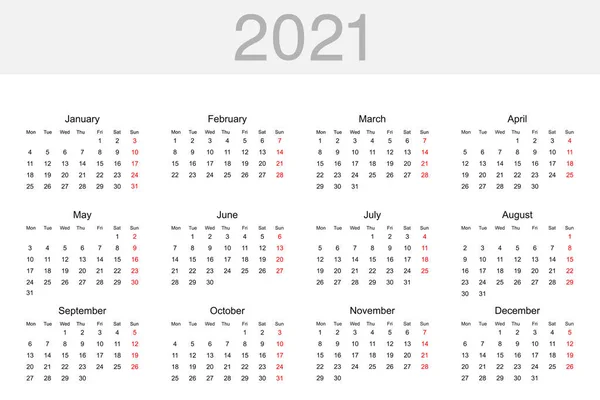 Calendar 2021 Calendar Template 2021 Year Calendar Isolated Vector Illustration — Stock Vector