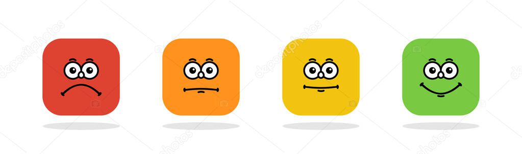 Emoticons. Feedback. Rating scale with smiles representing various emotions. Emoticon different mood. Evaluation of service. Emoji icon positive, neutral and negative. Vector illustration