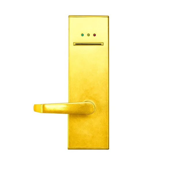 Modern gold door handle with security system lock isolated on white background