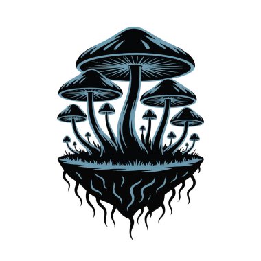 Yüzen bir adadan kök salmış, beyaz arka planda izole edilmiş bir mantar kümesi.