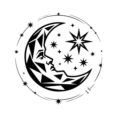 Geometrik hilal, insan yüzü ve yıldızlı, beyaz arka plan teknolojisi arka planında izole edilmiş.