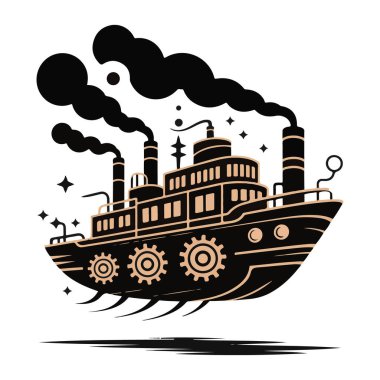 Steampunk hava gemisi ya da uçan tekne, beyaz arka plan teknolojisinde izole edilmiş, vites ve dumanlı.