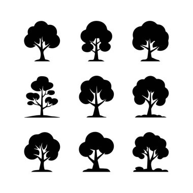 Beyaz arka plan teknolojisi arka planında izole edilmiş çeşitli şekil ve boyutlara sahip dokuz basit siyah ağaç siluet simgesi koleksiyonu