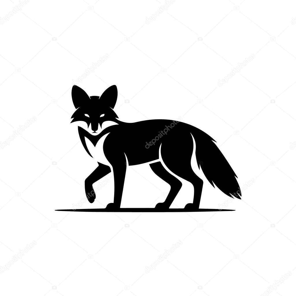Black silhouette of a fox standing on a white background, a stylized animal logo or icon technology background
