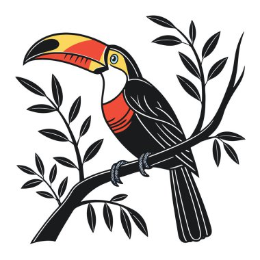 Bir ağaç dalına tünemiş Tukan kuşu yaprakları ile, beyaz arka planda izole