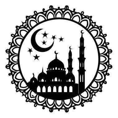 Hilal ay ve yıldızlı İslami cami. Süslü dairesel desenle çerçevelenmiş. Beyaz arka planda siyah ve beyaz siluet.