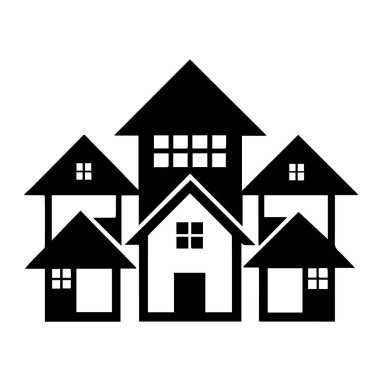 Değişen çatı çizgileri ve pencere tasarımları olan, konut binalarını ve emlak kavramlarını temsil eden siyah ev simgelerinin bir koleksiyonu.