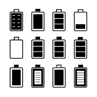 Batarya simgelerinden oluşan bir ızgara farklı yük seviyelerini gösterir, tam güçten boşluğa, enerji ve durum göstergelerini temsil eder
