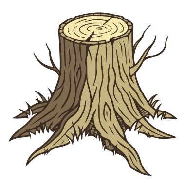 Görünür halkaları ve kökleri olan yıpranmış bir ağaç kütüğünün detaylı bir çizimi, doğayı, yaşı ve ağaç kesiminin etkisini simgeliyor.