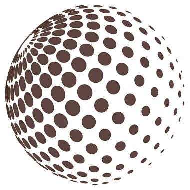 Tekrarlayan noktalardan oluşan soyut bir küre, beyaz arkaplanda izole edilmiş derinlik ve perspektif hissi yaratıyor.