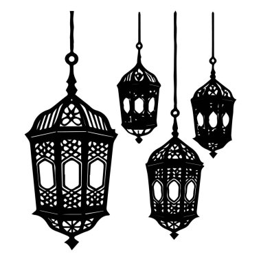 Süslü, geleneksel Arap fenerlerinin dizayn amacıyla izole edilmiş, düz beyaz bir arkaplanda asılı toplanması