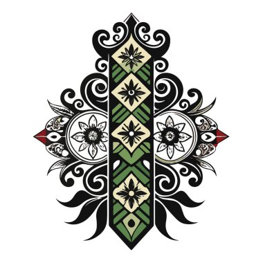 Dekoratif simetrik desen elementi siyah, beyaz, yeşil ve kırmızı renkli çiçek motifleriyle beyaz arkaplanda izole edilmiş.