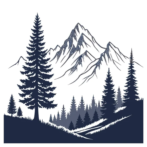 Karlı zirveleri ve ön planda yoğun çam ağaçları olan çarpıcı bir dağ silueti, beyaz arka planda izole edilmiş.
