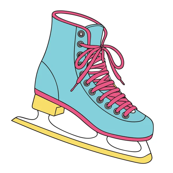 Pembe bağcıklı ve aksanlı mavi bir buz pateni, beyaz bir arka planda izole edilmiş, kış sporuna hazır.