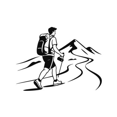 Sırt çantası ve yürüyüş direkleriyle dağ yolunda yürüyen bir yürüyüşçü.