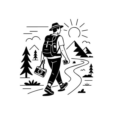 Sırt çantalı ve kameralı bir adam güneşin altındaki bir dağ yolunda yürüyor, beyaz arka plan teknolojisinde izole edilmiş.