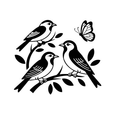 Üç kuş ve bir kelebek dallara tünemiş, beyaz arka plan teknolojisinde izole edilmiş.