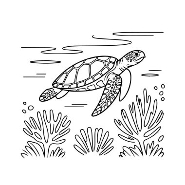Mercan yakınında su altında yüzen deniz kaplumbağası, beyaz arka plan teknolojisinde izole edilmiş okyanus yaşamı çizimi.