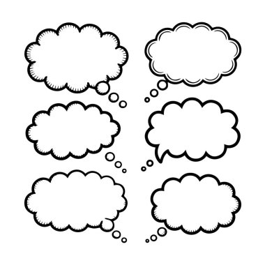 Beyaz bir zemin üzerinde izole edilmiş çeşitli el yapımı düşünce baloncukları ve konuşma baloncukları grubu, yaratıcı ifade ve beyin fırtınası teknolojisi arka planı için ideal