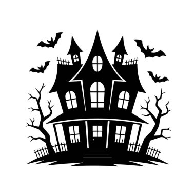 Yarasaları ve ölü ağaçları olan ürkütücü perili ev, Cadılar Bayramı teması, beyaz arka plan teknolojisi arka planında izole edilmiş.