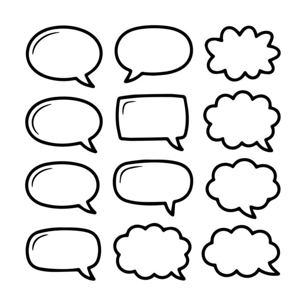 Collection of handdrawn speech bubbles and thought clouds in various shapes, isolated on white background technology background