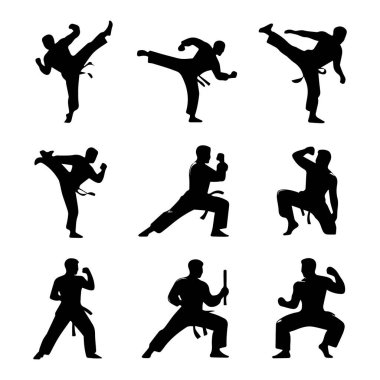 Beyaz arka planda izole edilmiş, çeşitli karate ve tekvando teknikleri ve duruşları sergileyen dokuz siyah dövüş sanatları silueti koleksiyonu.