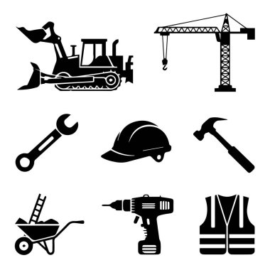 İnşaat malzemeleri ve inşaat malzemeleri, buldozer, vinç, ingiliz anahtarı, başlık, çekiç, el arabası, matkap ve güvenlik yeleği dahil, beyaz arka plan teknolojisinde izole edilmiş.