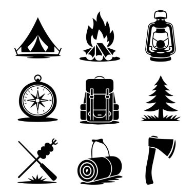 Kamp, kamp ateşi, fener, pusula, sırt çantası, ağaç, yemek, uyku tulumu ve balta gibi ikonlar beyaz arka plan teknolojisinde izole edilmiştir.