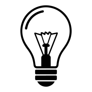 Beyaz arka planda izole edilmiş siyah beyaz bir ampul silueti, fikirleri ve yenilik teknolojisini temsil ediyor.