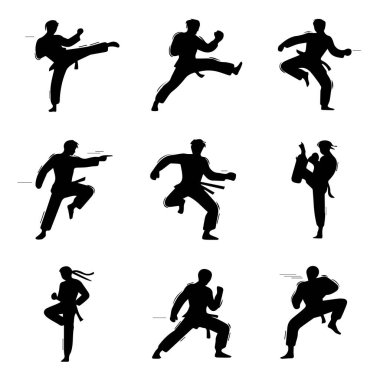 Dövüş sanatları dövüşçülerinin silueti çeşitli karate pozları ve tekmeler sergiliyor, beyaz arka plan teknolojisinde izole edilmiş.