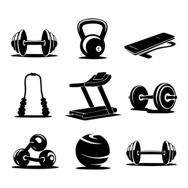 Kalıplar, kettlebell, koşu bandı ve ip atlama gibi spor malzemeleri koleksiyonu, beyaz arka plan teknolojisinde izole edilmiş.