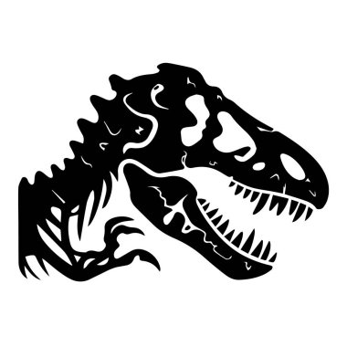 Tyrannosaurus Rex dinozor kafatasının siyah silueti keskin dişli ve tehditkar bir ifadeyle beyaz arka plan teknolojisinde izole edilmiş.