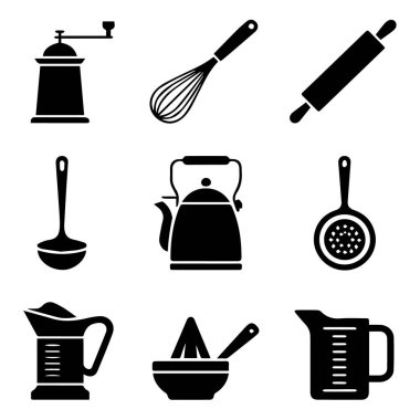 Mutfak gereçleri ve yemek aletleri siyah siluette, beyaz arka planda izole edilmiş teknoloji arka planında