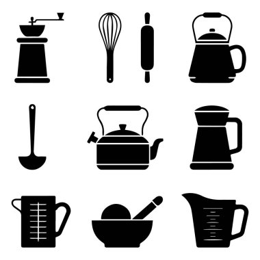 Mutfak gereçleri ve yemek aletlerinin siyah siluette toplanması, beyaz arka plan teknolojisi arka planında izole edilmiş.