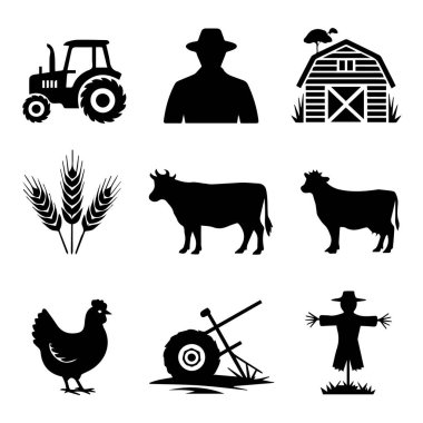 Siyah siluette tarım ve tarım simgeleri, beyaz arka plan teknolojisinde izole edilmiş.