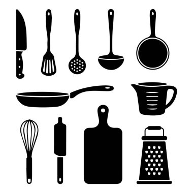 Beyaz arka plan teknolojisinde bıçaklar, spatulalar, kepçeler, tavalar, çırpı, merdane, kesme tahtası ve rende dahil olmak üzere mutfak aletleri simgeleri