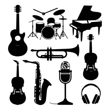 Beyaz arka planda izole edilmiş müzik aletleri ve ses ekipmanı siluetleri koleksiyonu