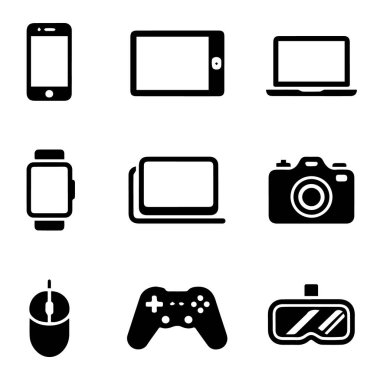 Akıllı telefon, tablet, laptop, smartwatch, monitör, kamera, fare, gamepad ve vr kulaklıklardan oluşan modern teknoloji simgeleri beyaz arka plan teknolojisinde izole edilmiştir.