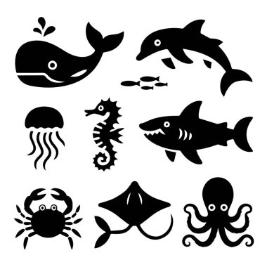 Beyaz arka plan teknolojisinde izole edilmiş bir balina, yunus, köpekbalığı, denizanası, yengeç, vatoz, ahtapot ve balık içeren deniz canlıları ikonları.