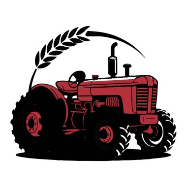 Üzerinde buğday sapı olan klasik kırmızı traktör, tarımı ve tarımı sembolize ediyor, beyaz arka plan teknolojisinde izole edilmiş.