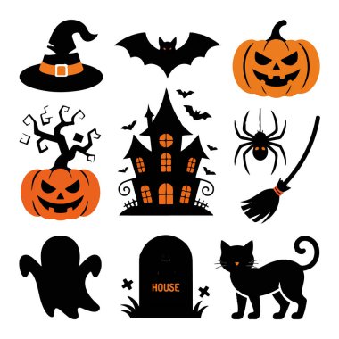 Cadılar Bayramı ikonlarının koleksiyonu perili bir ev, balkabağı, yarasa, hayalet, örümcek ve kedi teknolojisi içerir.