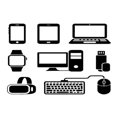 Bir dizüstü bilgisayar, tablet, akıllı telefon, akıllı saat, bilgisayar, vr kulaklık, klavye, fare ve usb sürücüsü gibi modern elektronik cihazların koleksiyonu, beyaz arka plan teknolojisi arka planında izole edilmiş