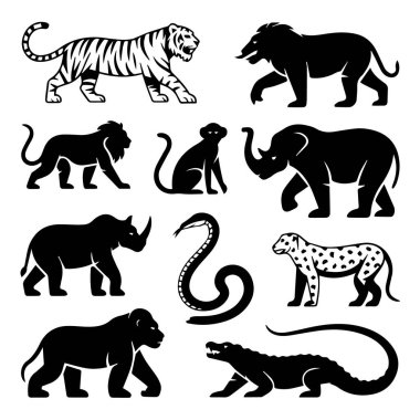 Beyaz arka plan teknolojisiyle izole edilmiş bir kaplan, aslan, fil, gergedan, maymun, yılan, leopar ve timsah sürüsü.