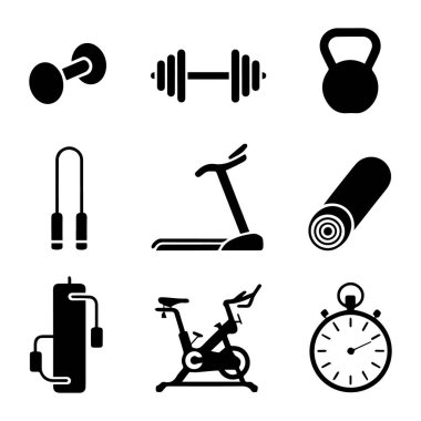 Spor aleti simgeleri, dambıl, koşu bandı, ip atlama ve beyaz arka plan teknolojisinde izole edilmiş egzersiz bisikleti.