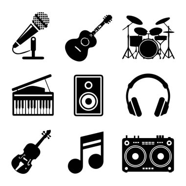 Beyaz zemin üzerinde izole edilmiş siyah müzik simgeleri seti, müzik severler için müzik aletleri ve ses ekipmanları içerir teknoloji arka planı