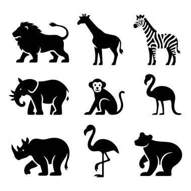 Beyaz arka planda izole edilmiş, safari hayvanlarını ve vahşi yaşam teknolojisini tasvir eden siyah vahşi hayvan ikonları koleksiyonu.