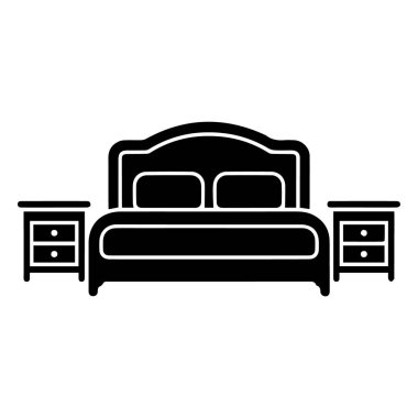 Her iki tarafında komodinin olduğu beyaz arka plan teknolojisi arka planında izole edilmiş bir yatağın basit siyah beyaz çizimi.