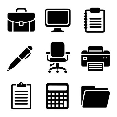 Beyaz arkaplanda bulunan evrak çantası, bilgisayar, not defteri, kalem, sandalye, yazıcı, hesap makinesi ve klasör gibi siyah-beyaz ofis ve iş simgeleri