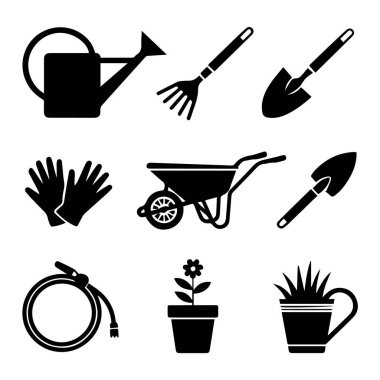 Bahçe aletleri ve malzemeleri için siyah siluet simgeleri seti, beyaz arkaplan teknolojisi arka planında izole